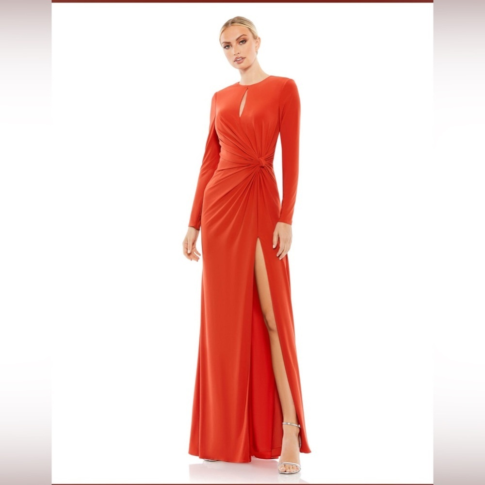 HOST PICK 🎉MacDuggal $625 NWT Jersey Knit Keyhole Ruched Knot Side Slit Dress